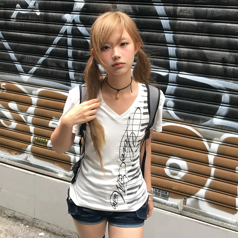 Karrram Japanese Y2k Piano Key Print T-shirt Vintage Harajuku V-neck Tops Trashy 2000s Style Short Sleeve T Shirt American Retro image 4