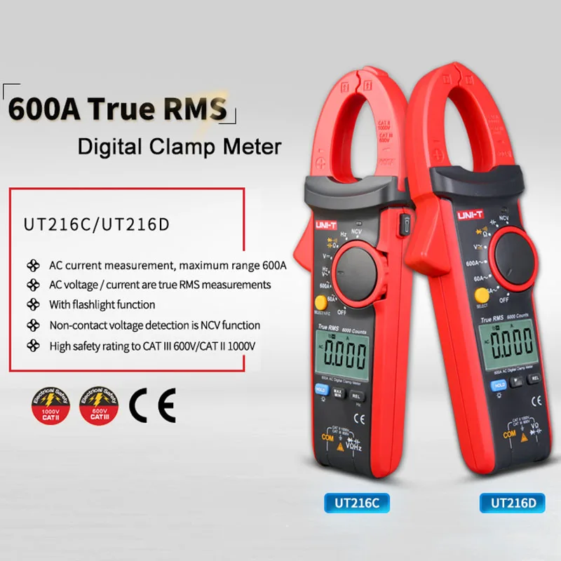 UNI-T UT216C 600A Misuratori Di Bloccaggio AC DC CORRENTE Digitale Auto Gamma Multimetri NCV V.F.C DIODO LCD TORCIA ELETTRICA Tester di Temperatura