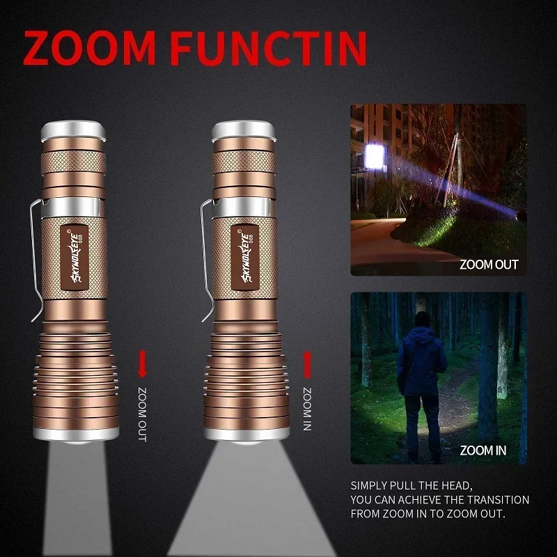 Skywolfeye Super Bright Zoomable Led Flashlight Set Waterproof Tactical Torch with Usb 4 Slot Charger for Camping Hiking Reading