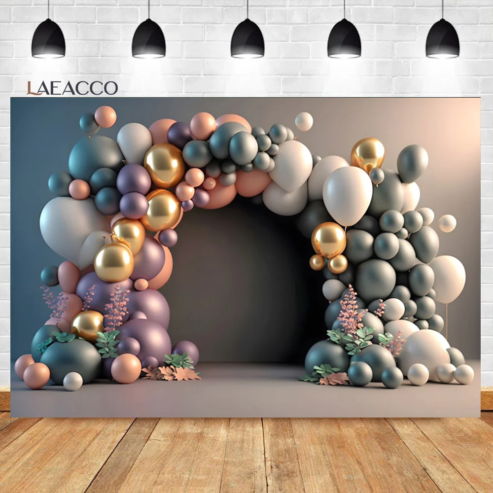 Laeacco Kids Birthday Scene Background Balloons Arch Glitter Stars Newborn Baby Shower Smash Cake Portrait Photography Backdrop