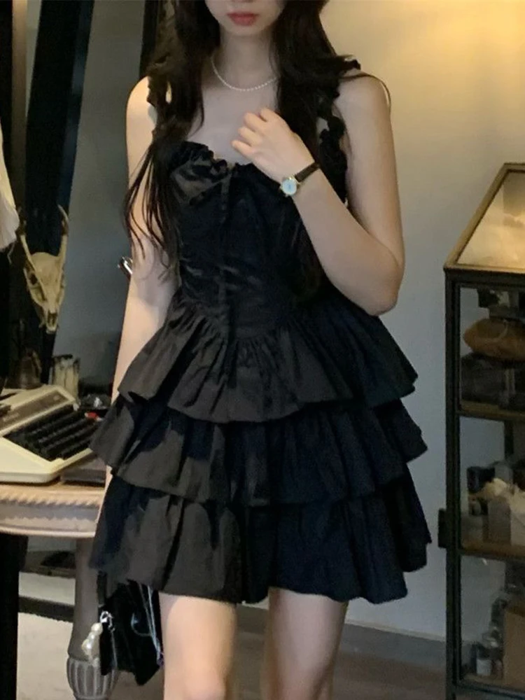 Abito camis nero senza maniche da donna Abito francese con fiocco dolce con lacci Abito da torta sottile Sexy con spalle scoperte Pieghe Abiti da festa Nuovo