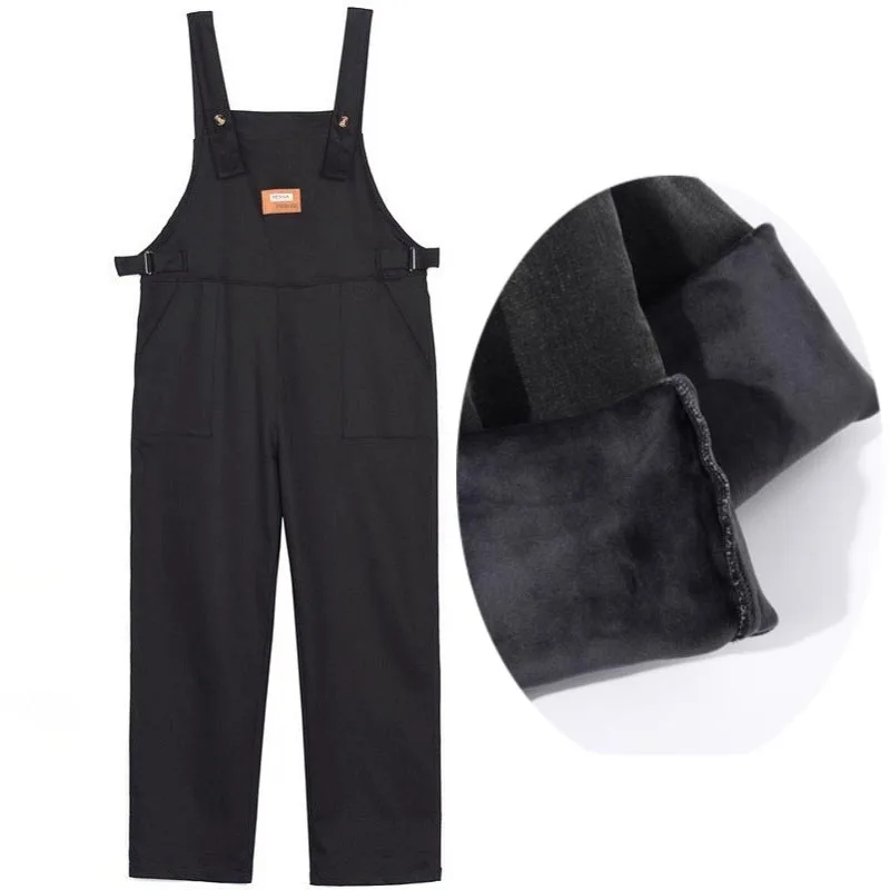 Maternity Overalls Loose Belly-covering Slimming Trendy Mom Cotton Wide-leg Jeans Spring Autumn Winter Plus size Fleece-lined