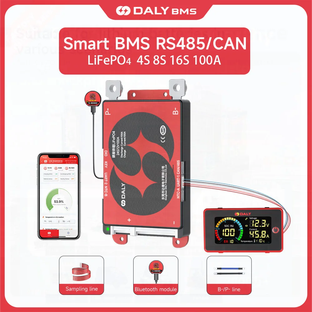 Daly Smart BMS 4S Lifepo4 12V 8S 24V 16S 48V 100A BT WiFi RS485 Экран ЖК-дисплея Защитная плата Литий-ионный аккумулятор 3 7