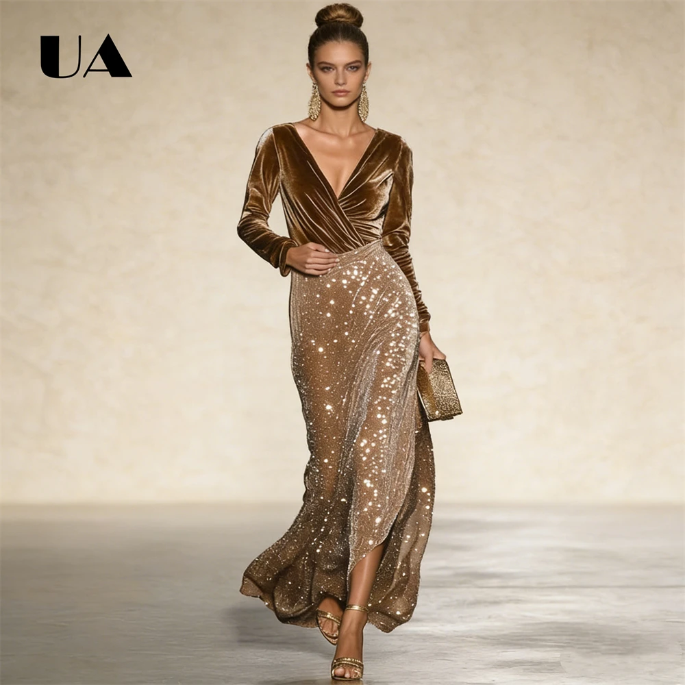 ULBYANRY 2026 Spring New Velvet Maxi Dress for Women, Sequined Sheath Long Evening Dresses Tailored Size Elegant V Neck Dress