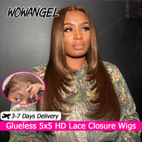 WOWANGEL Bone Straight Layered Cut Wigs 5X5 HD Lace Closure Wigs Human Hair Chocolate Brown 4# Colored Glueless Wigs For Women