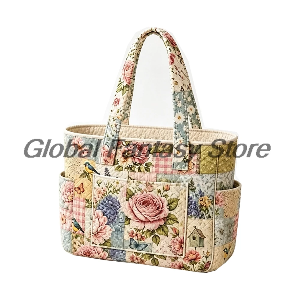Vintage Patchwork Multiple Pockets Quilted Tote Bag Rose Bird Floral Large Capacity Shoulder Handbag Women Shopping Bags
