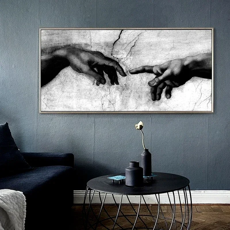 Hand of God Creation of Adam Black & White Canvas Painting Print on Canavs Wall Art Pictures for Living Room Decor (No Frame)