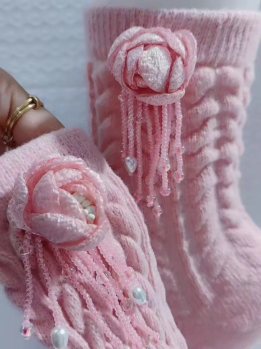 

Luxury Style 3D Flowers Beading Tassel Stitch Pink Knitted Socks Women's Stylish Autumn Winter Warm Socks