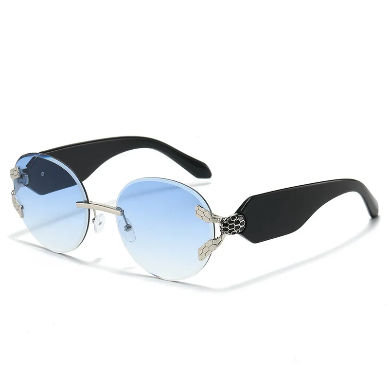 Modische Marken-Ovalsonnenbrille für Damen, randlos mit breiten Bügeln, luxuriöse UV400-Schutzbrille für Damen, für Straßen-Shopping und Reisen