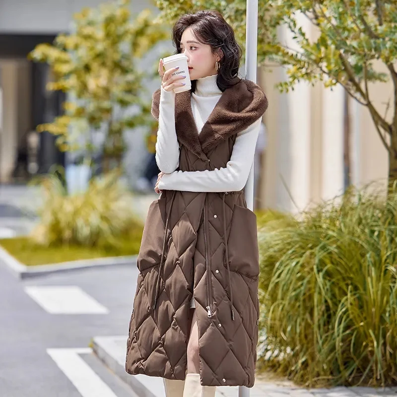 2024 Oversized Cotton Vests Sleeveless Coat Women Autumn Winter Hooded Waistcoat Puffer Parkas Long Warm Down Cotton Outwear