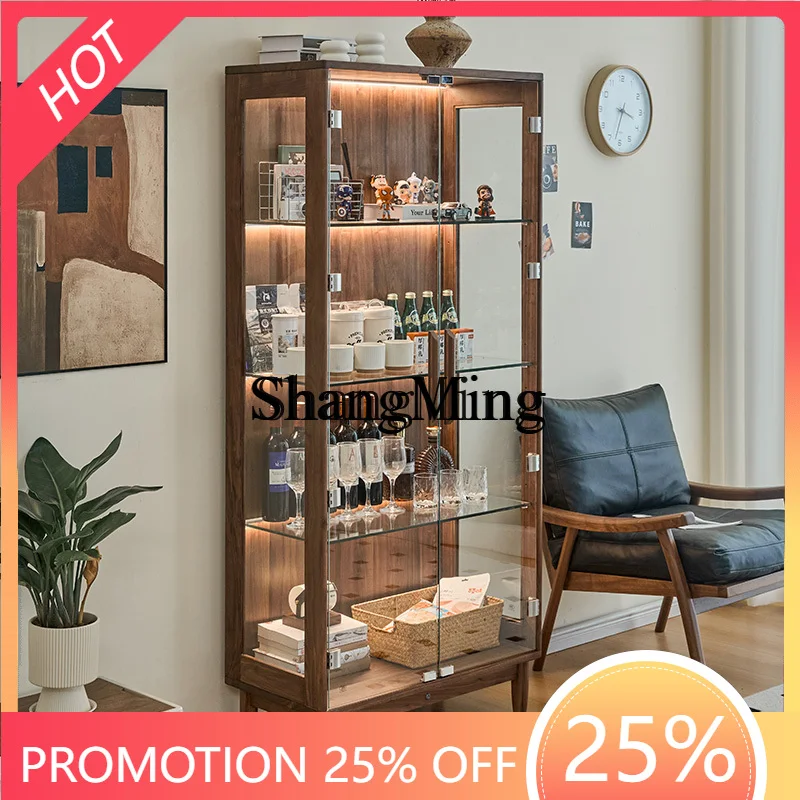 

SM household solid wood wine cabinet living room wall display cabinet modern simple black walnut storage bookshelf