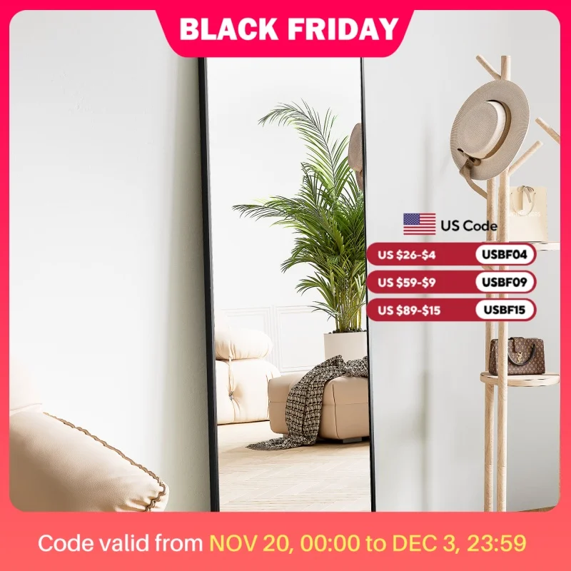 JHK 64''x21'' Full Body Wall Mirror Standing Hanging or Leaning Wall-Mounted Mirrors with Stand Aluminum Alloy Frame Living Room