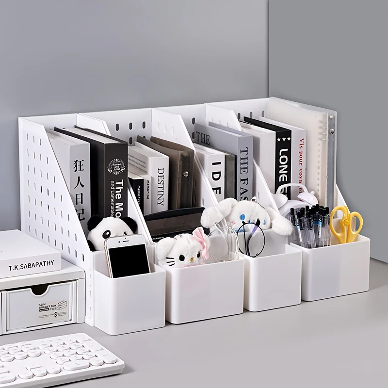 قطعة واحدة من منظم سطح المكتب الأبيض مع حامل أقلام ورف تخزين - منظم ملفات قائم قابل للطي مع مقصورات متعددة وكتاب