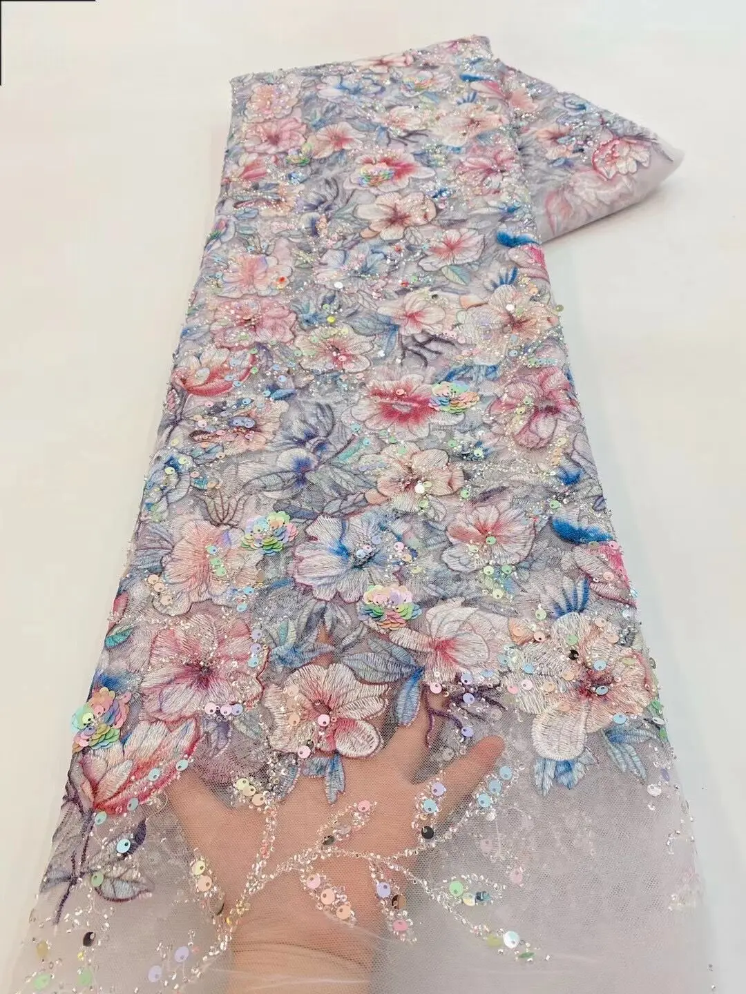 

African Sequins Lace Fabric High Quality L-13067511 Heavy Beads Embroidery French Tulle Lace Nigerian Wedding Dress