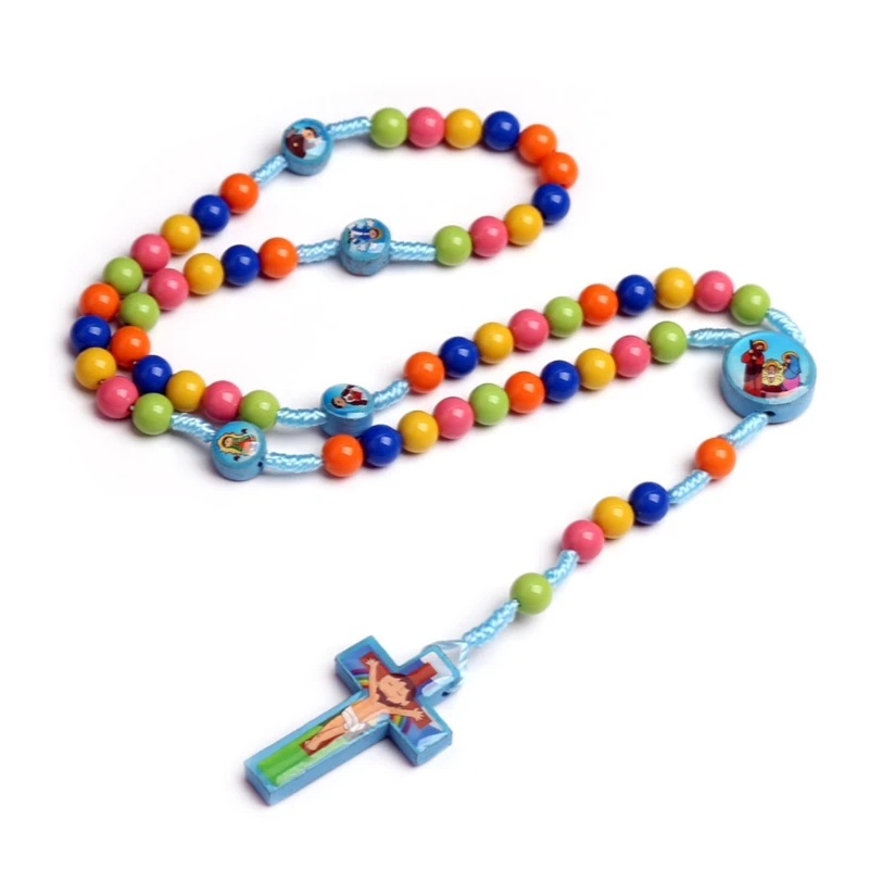 Colorful Round Beads Rosary Necklaces Catholic Pendant Necklaces for Boy Girl Children Jewelry Christian Religious