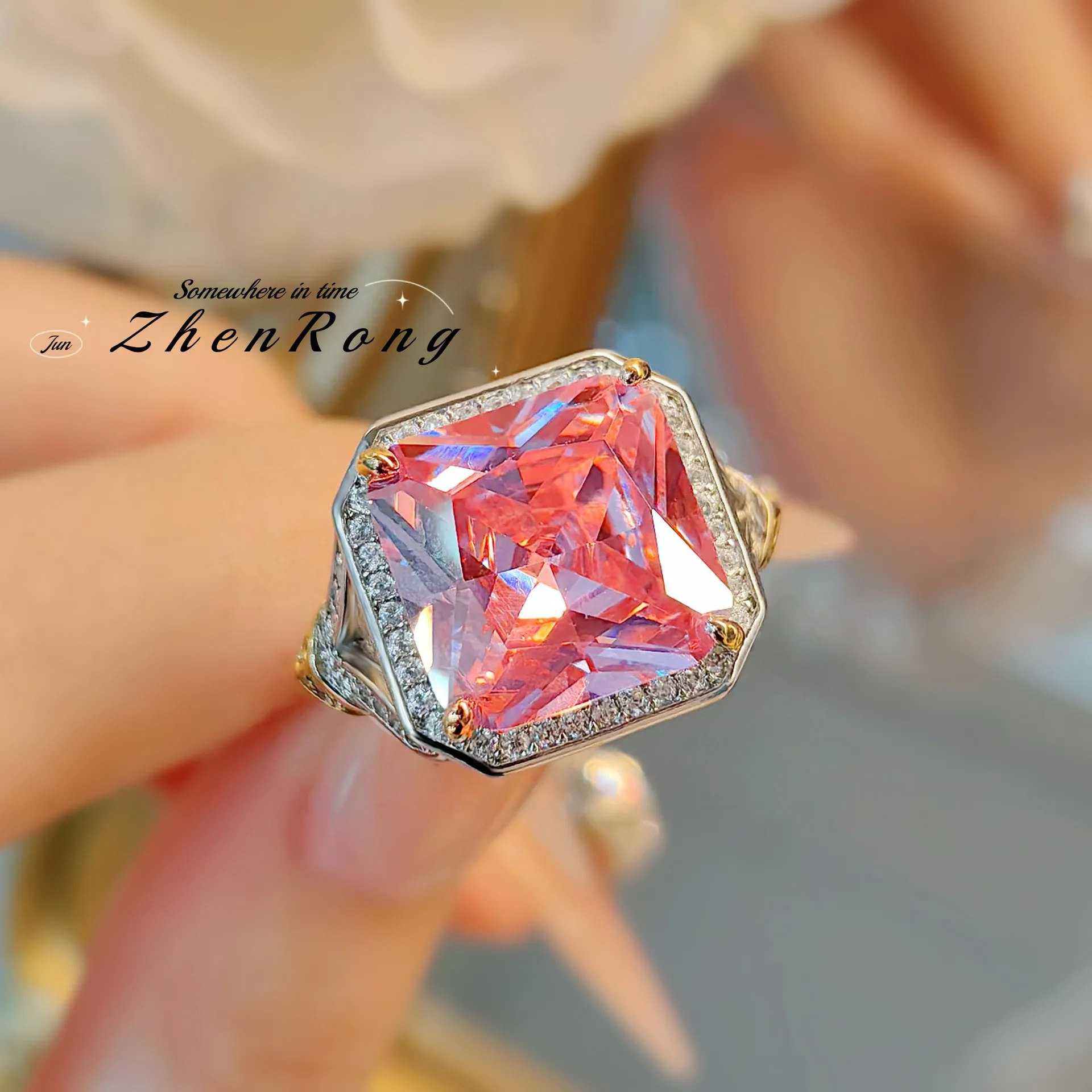 New Classic Extra Large Carat Square Cultivated Synthetic Ruby Women's Wedding Ball Ring Luxury Jewelry Gift Adjustable Size