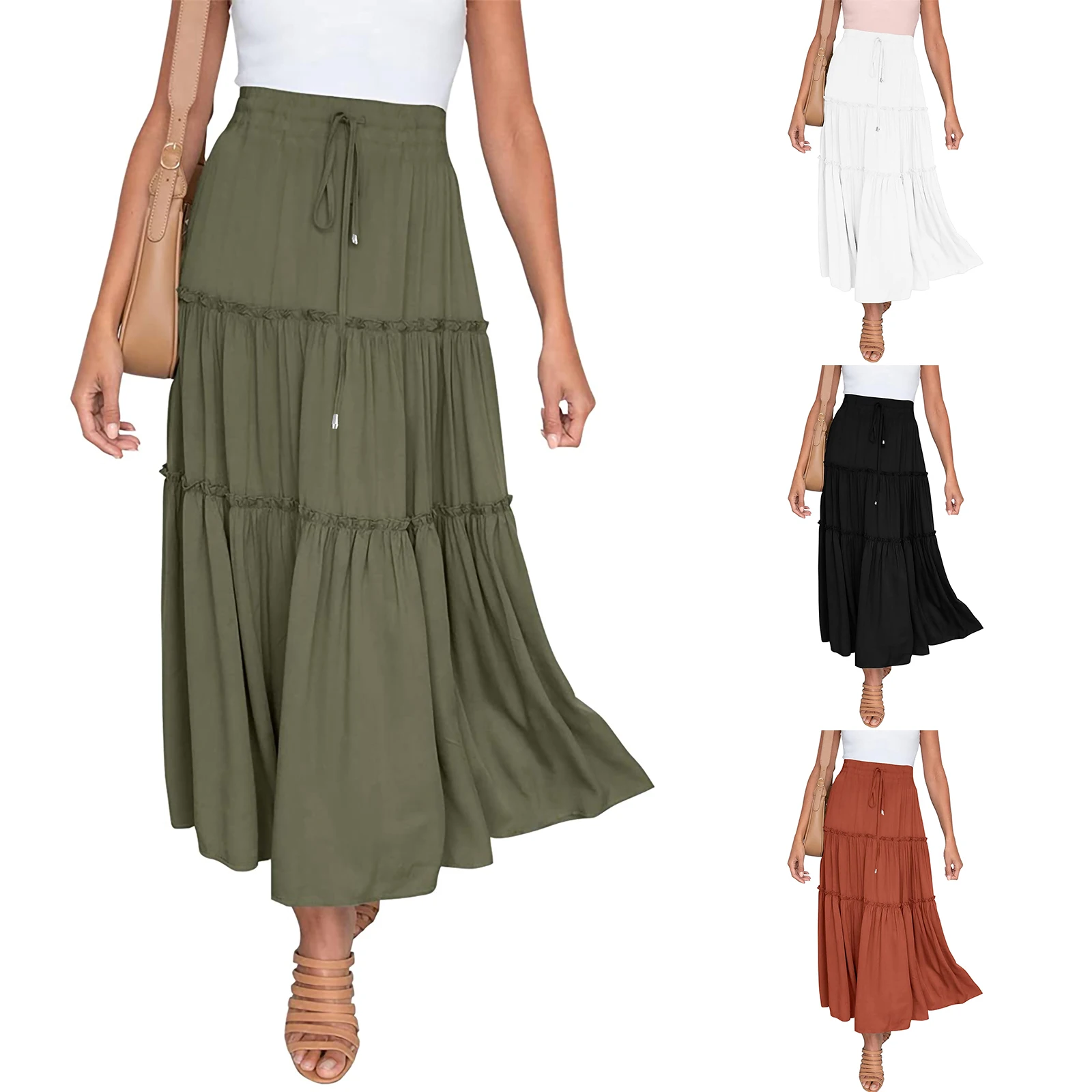 Women's Long Casual Tassel Skirt Vintage Elegant High Waist Tiered Solid Color Summer Clothing