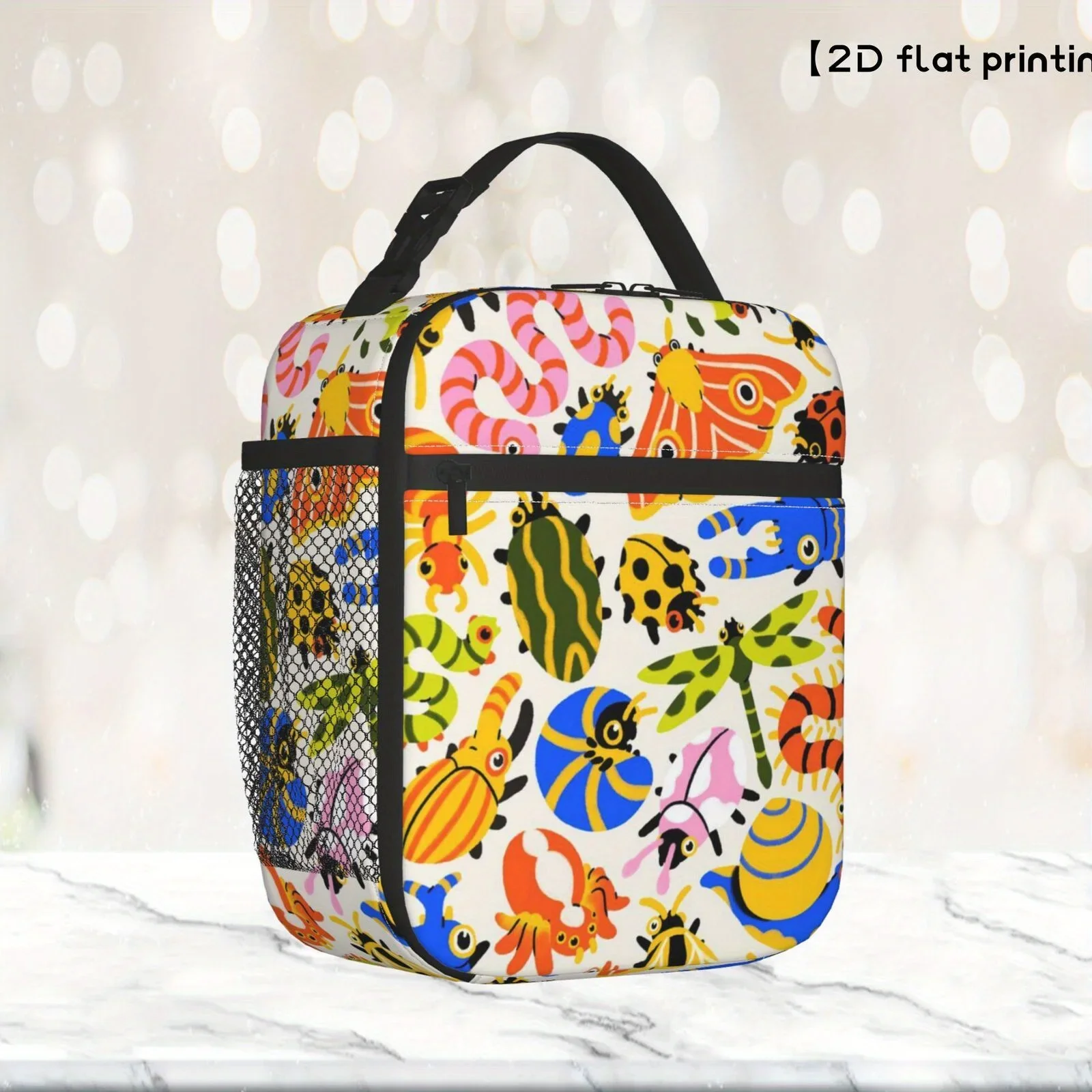 1pc Bug Print Lunch Bag Compatible for Work//Travel - Reusable Non-Food Contact Bento Box Carrier Tote with Insect Design