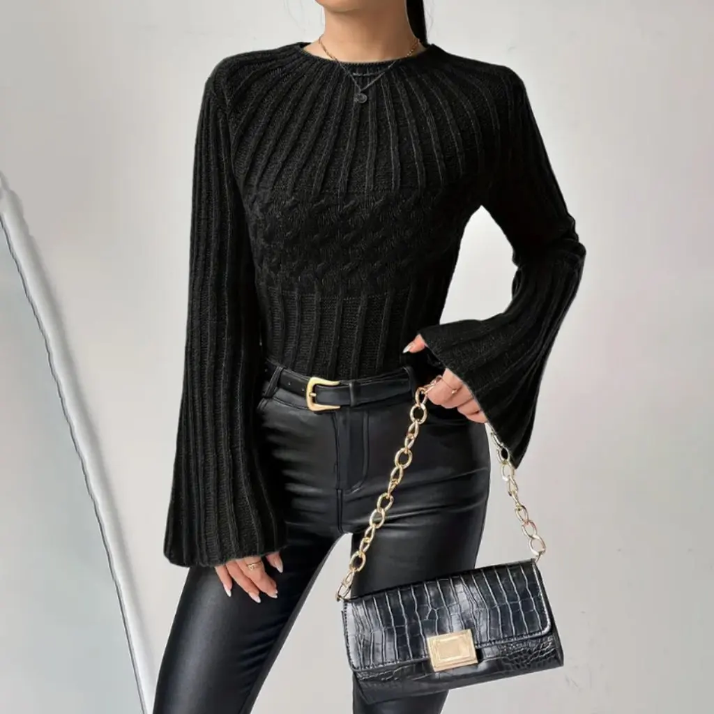 

Women's Fashionable Knitwear Pullover round Neck Trumpet Sleeve Twist Thread Solid Color Top European American Style