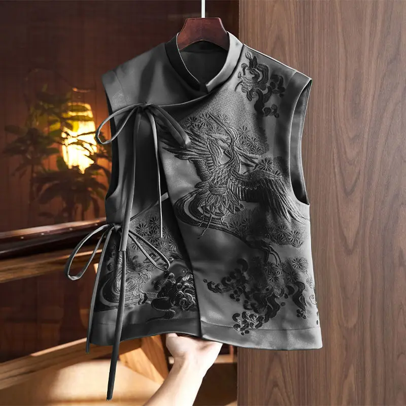 Chinese Style Outerwear Vest White Crane/Flowers Embroidered Lacing Vests Vintage Spring And Summer Elegant Women's Clothing