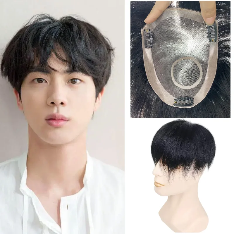 

Men Hair Replacement 100% Human Hair Mono Base 6 Inch Short PU Edge Lace Front With Clips Fully Hand Tied Off Black