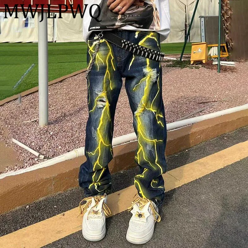 

MWJLPWQ Американский стиль с 3D принтом плиссированные джинсовые длинные брюки мужские хип-хоп осенняя уличная одежда унисекс утягивающие повседневные джинсы 12486