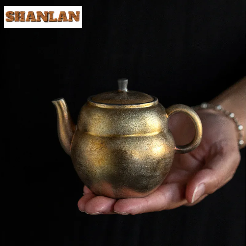 

150 мл чайник ручной работы золотого цвета с тыквой, необработанная керамика, чайник для заварки чая, чайник с шариковым отверстием, чайные предметы, украшения, подарки