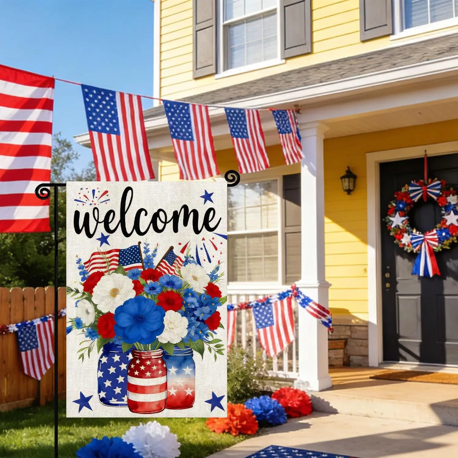 Patriotic 4th of July Garden Flag Independence Day Welcome Garden Flags 12x18 Inch Double Summer Blue Red Memorial Day Flora AAS