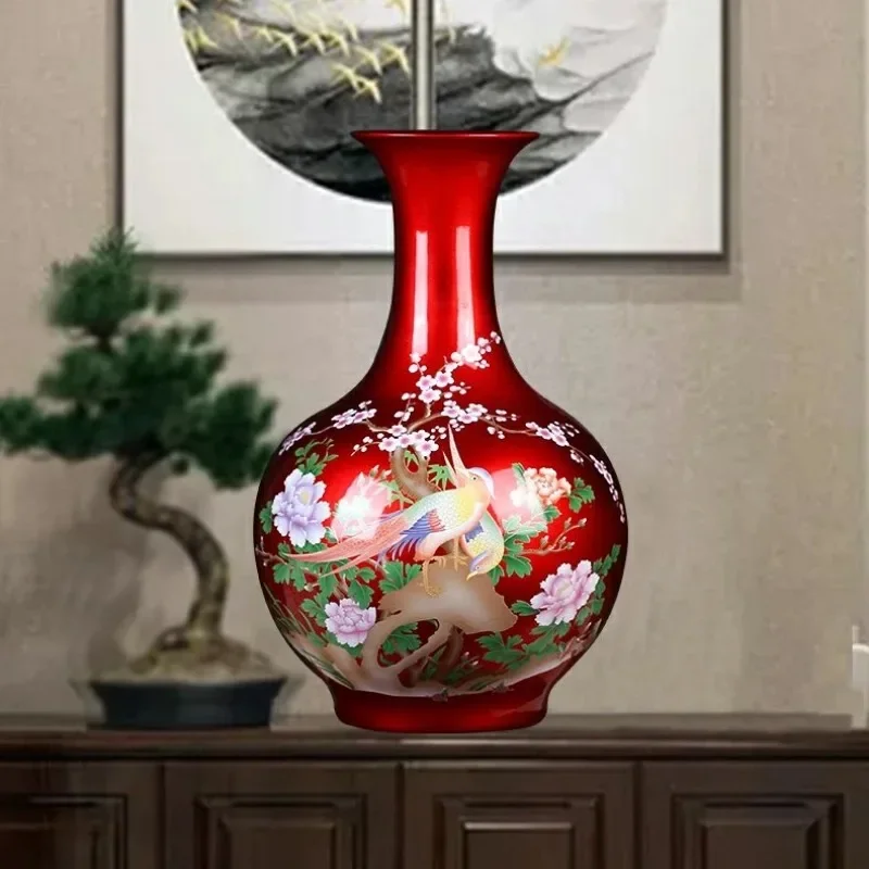 Red Porcelain Crystal Glaze Flower Vase Chinese Home Decoration for Living Room Bedroom Office Study Wedding Housewarming Gift