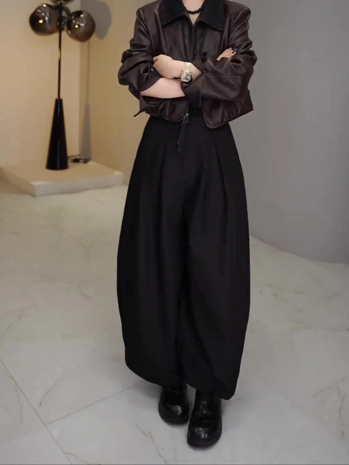 Bla plissé fleur bourgeon pantalon femmes automne hiver coupe ample dissimuler viande minceur conception décontracté jambe large pantalon