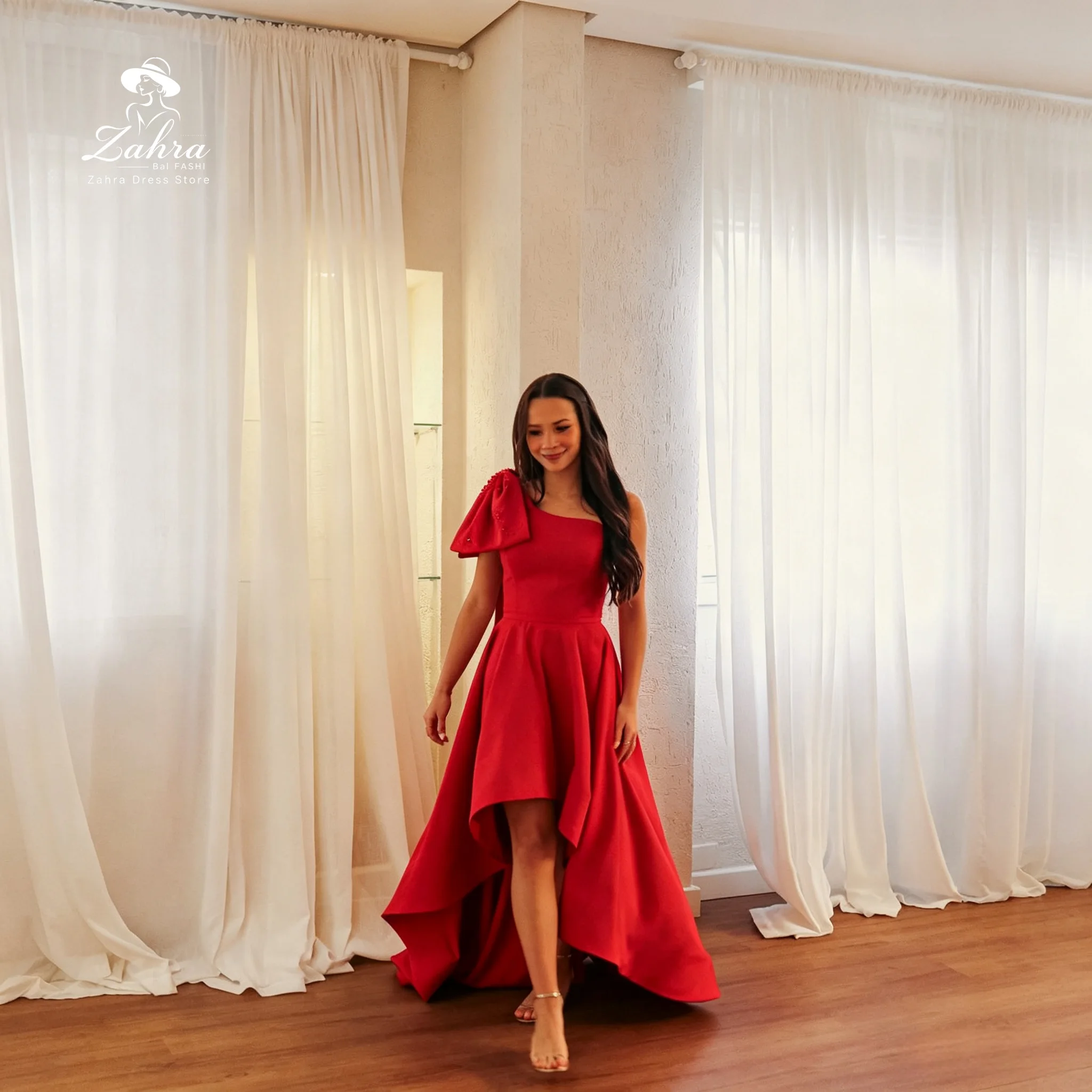 Women's Formal Evening Gowns Red Evening Dresses One Shoulder Beaded Bow High Low A Line Maxi Wedding Guest Party Dresses
