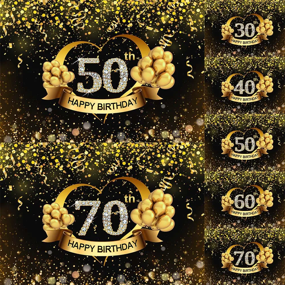 

Happy 30/40/50/60/70th Birthday Party Backdrop Decorations Golden Spot Ribbon Balloon Women Men Birthday Photography Backgrounds