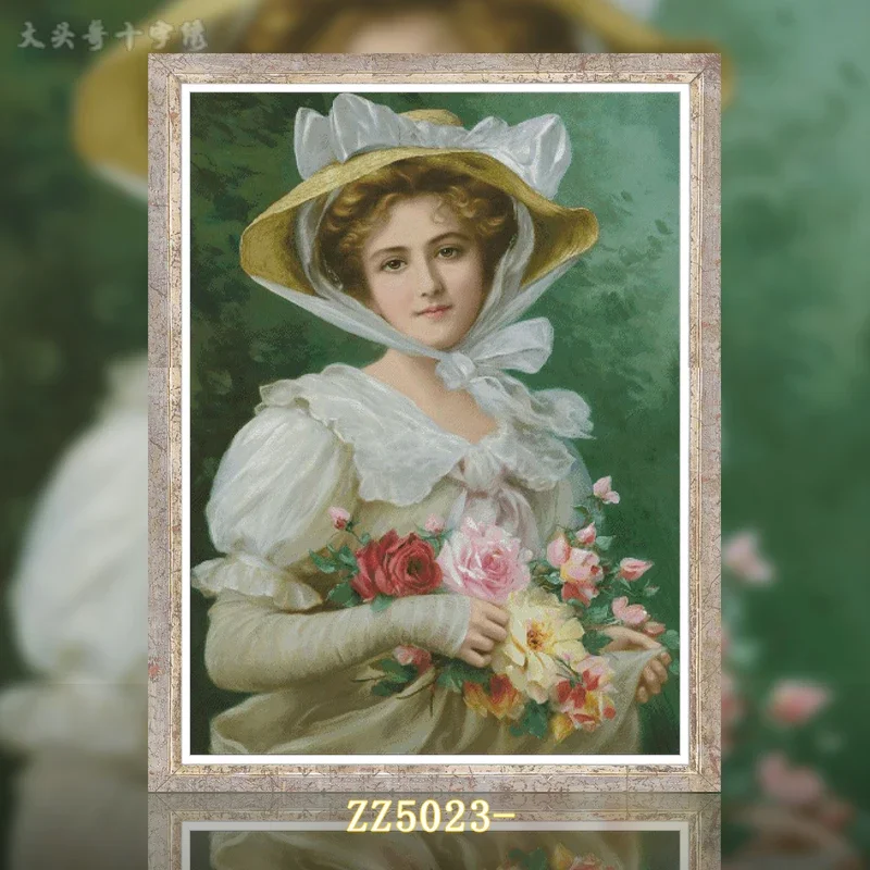 [ZZ5023-Oil painting bouquet girl] Stamped Cross Stitch Kit 14CT 16CT Pre Printed Canvas Cotton Thread DIY Embroidery Wall Decor