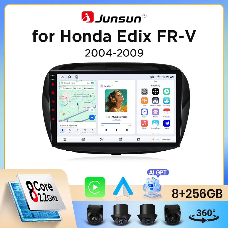 Autoradio Junsun Wireless CarPlay Android Auto per Honda FR-V (BE) 2004-2009 con ventola di raffreddamento integrata, navigatore GPS Android, lettore multimediale, WiFi, DSP, RDS, BT, SWC, schermo