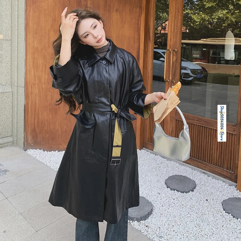 

Women Black PU Leather Long Trench Coat Jacket Spring Autumn Elegant England Style Loose Belt Windbreaker Outerwear Female 2483