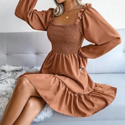 2022 New Spring And Autumn Women Fashion Long-Sleeved Square-Neck Skirt Solid Color Ruffle Dress Female Bohemian Dress