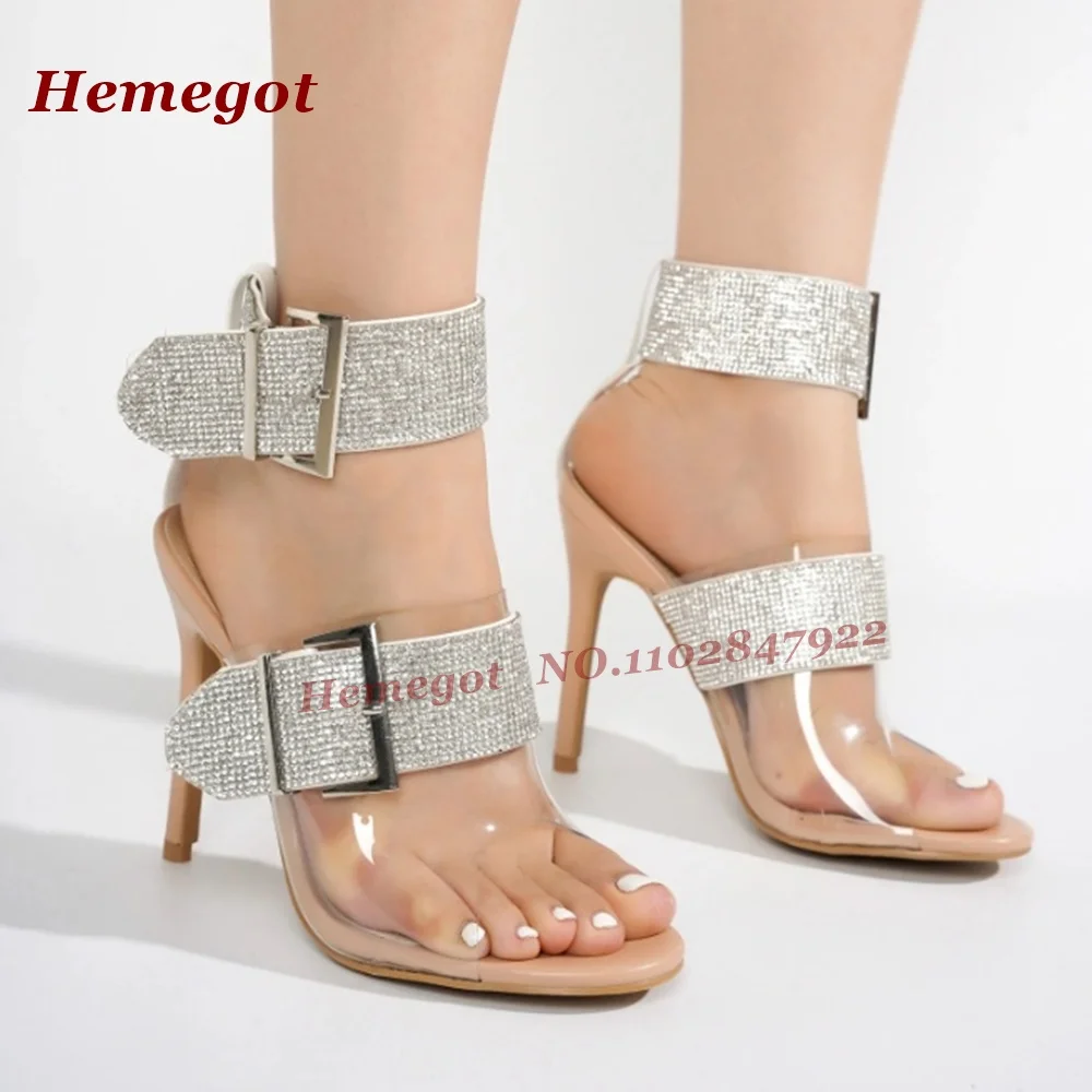 Nude Clear Pvc Rhinestone Buckle Ankle Strap Sandals Wide Diamond Band Open Toe Thin Stiletto High Heels Bling Luxury Shoes Sexy