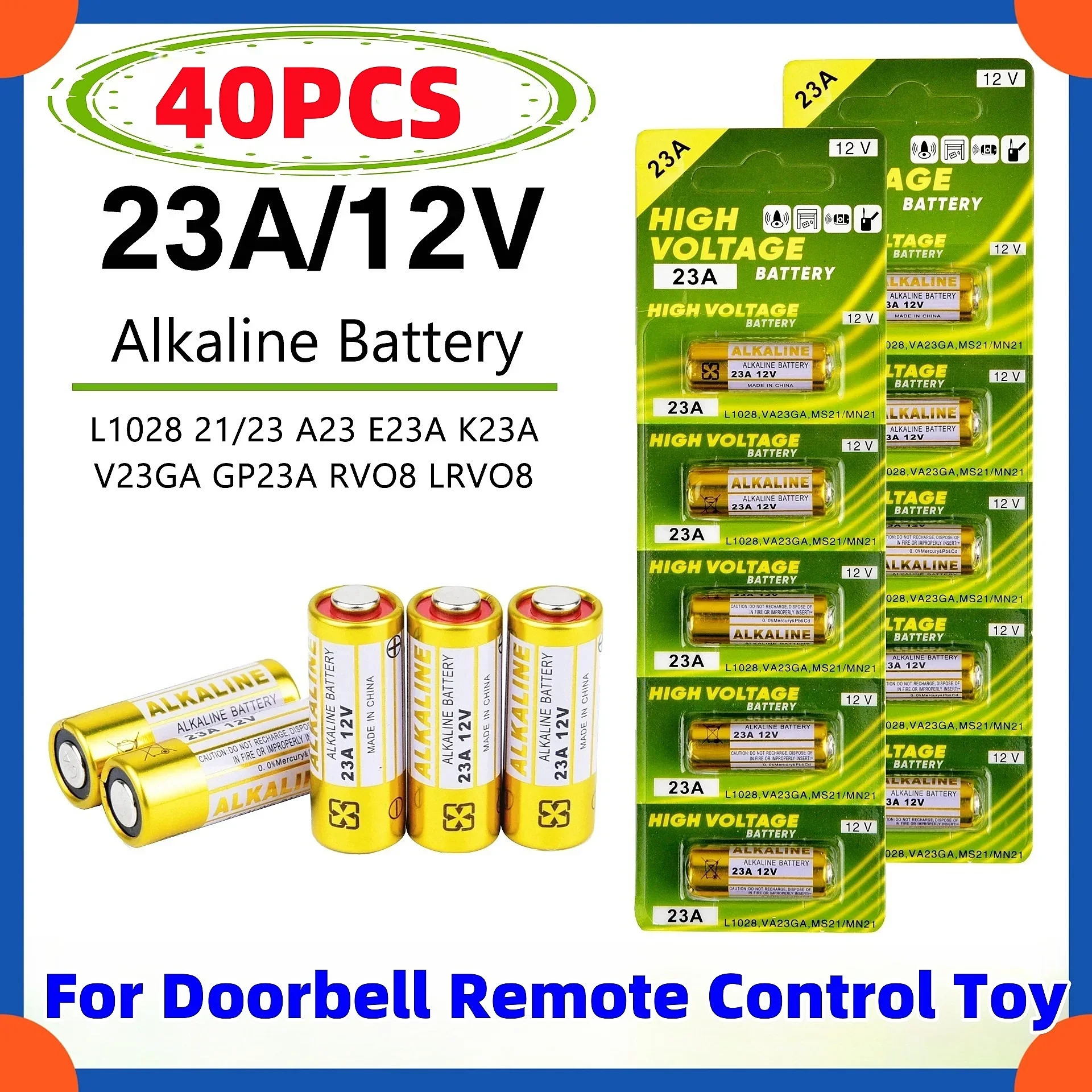 40PCS 58mAh 23A 12V Batteries Remote Control Toys Dry Alkaline Battery L1028 21/23 A23 E23A K23A V23GA GP23A RV08 LRV08 23A