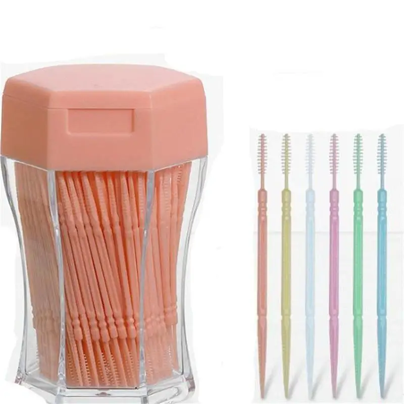 200Pcs/Lot Random Box Soft Plastic Double Head Brushed Toothpick Oral Care 6.2cm Interdental Brush for Dentures Teeth Whitening
