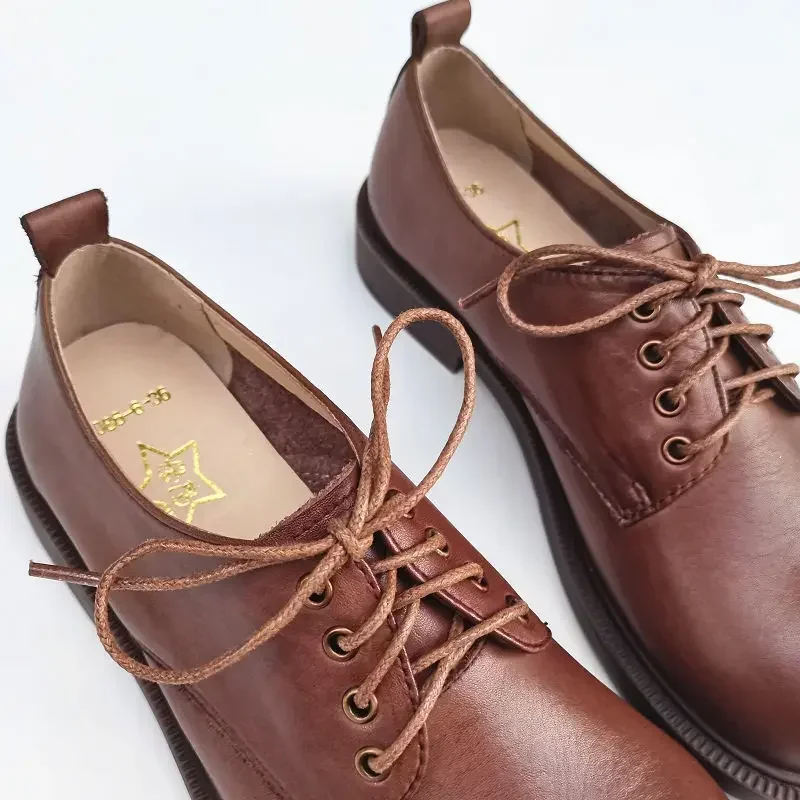 Zapatos anchos grandes de estilo británico para mujer, zapatos de cuero Natural con cordones de cuero genuino, zapatos individuales de Cuero vacuno