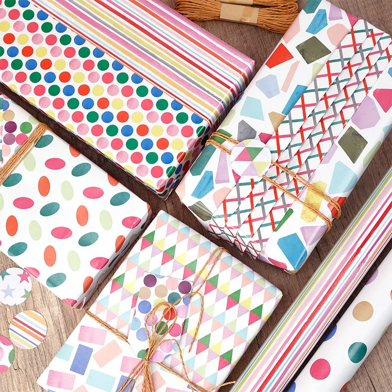 6PCS 50x70cm 80gsm Offset Paper Double-sided Watercolor Line & Dot Series Gift Bulk Birthday Packaging Paper