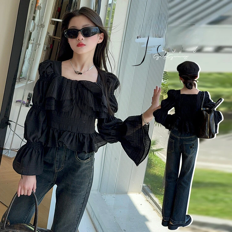 Girls' 2024 denim suit autumn new Korean version bubble sleeve top fashionable shirt