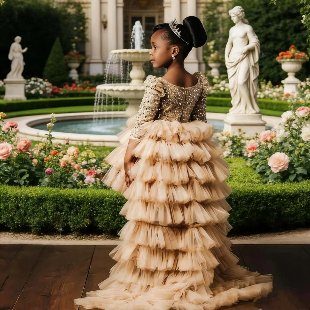 Vestidos de niña de las flores con lentejuelas color champán para boda, de longitud asimétrica, con capas y mangas 3/4, para cumpleaños infantiles y primera comunión