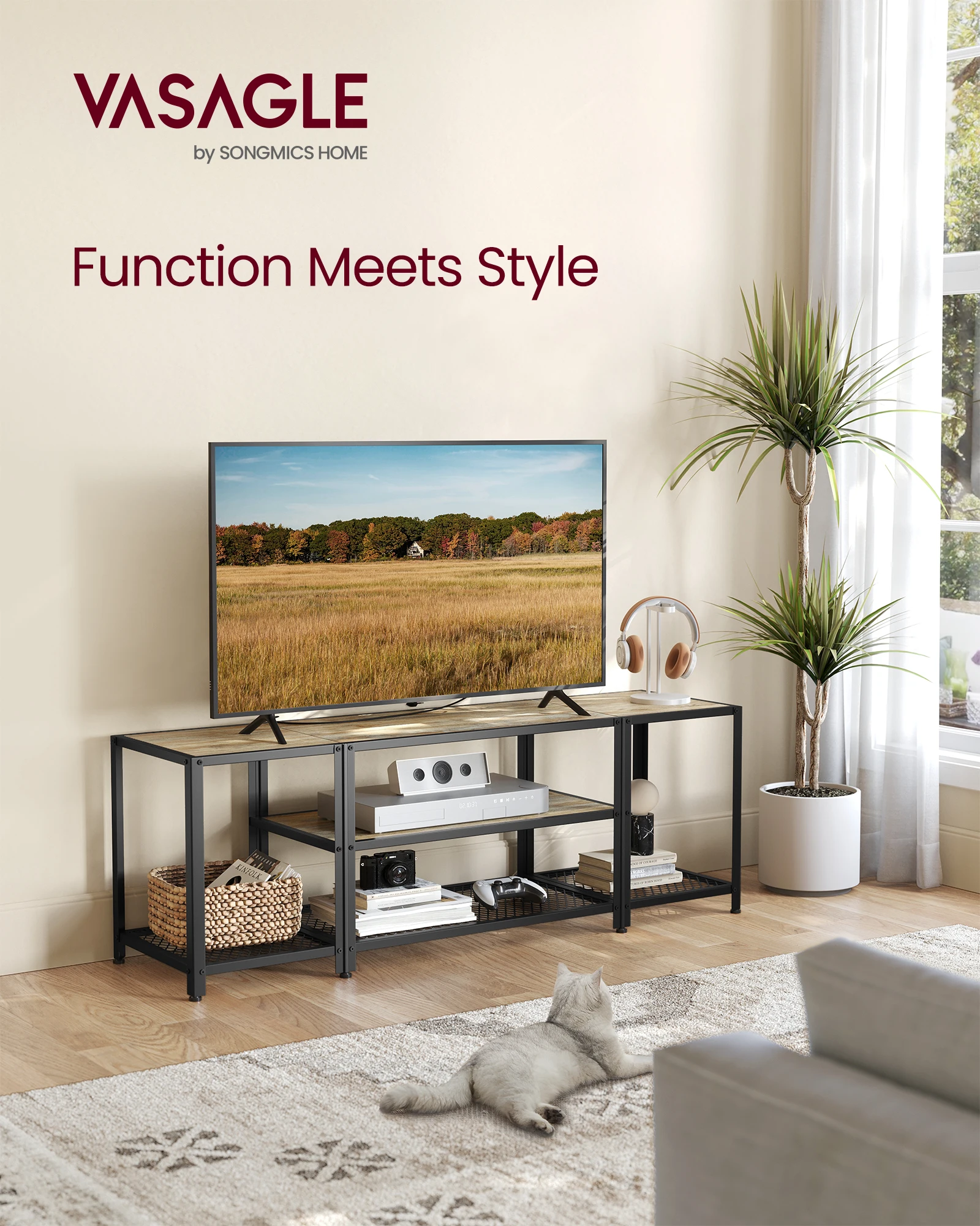 VASAGLE Modern TV Stand for TVs up to 65 Inches, 3-Tier Entertainment Center, Industrial TV Console Table