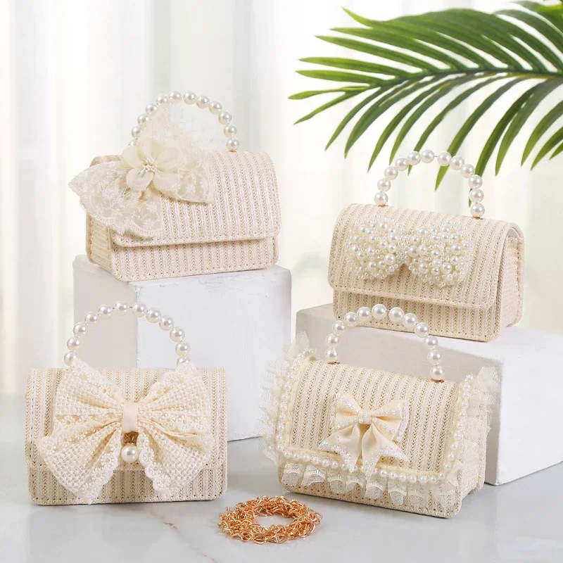 Cute Lace Bow Flower Children Straw Shoulder Bag Simple Pearl Mini Handbag Fashion Princess Coin Purse Women Girls Messenger Bag