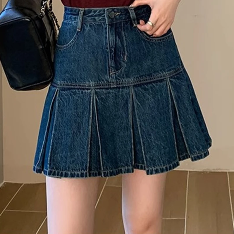 Women High Waist Korean Style Denim Pleated Skirts Female Elegant Ruched Dress Lady Blue A Line Mini Wrap Hips Skirts Large Size