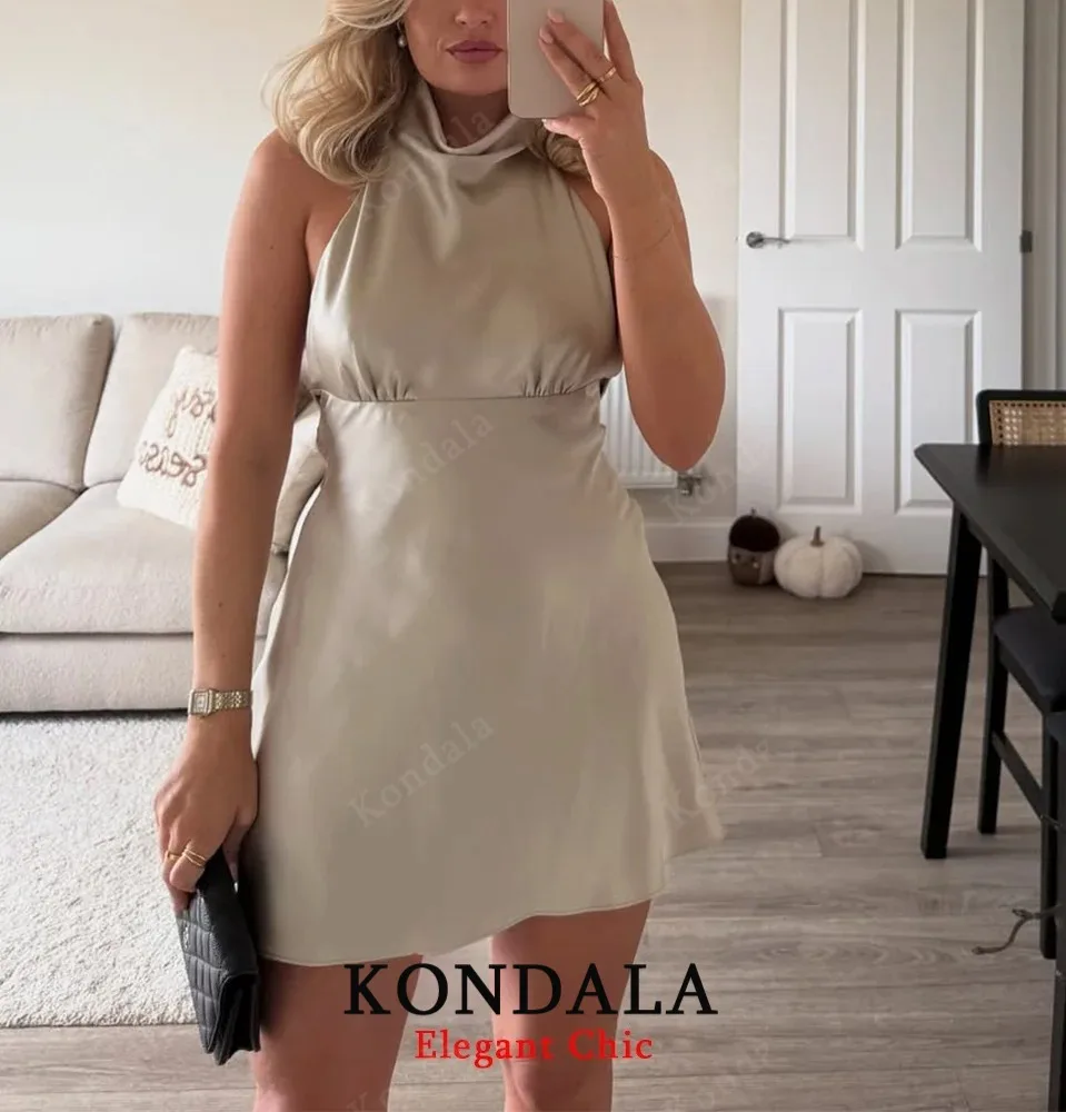 KONDALA Elegante Dame Satijnen Halter Jurk Backless Boog Slanke Mini Jurk voor Vrouwelijke 2025, Lente Zomer Feest Dating Leuke Vrouwen Jurk