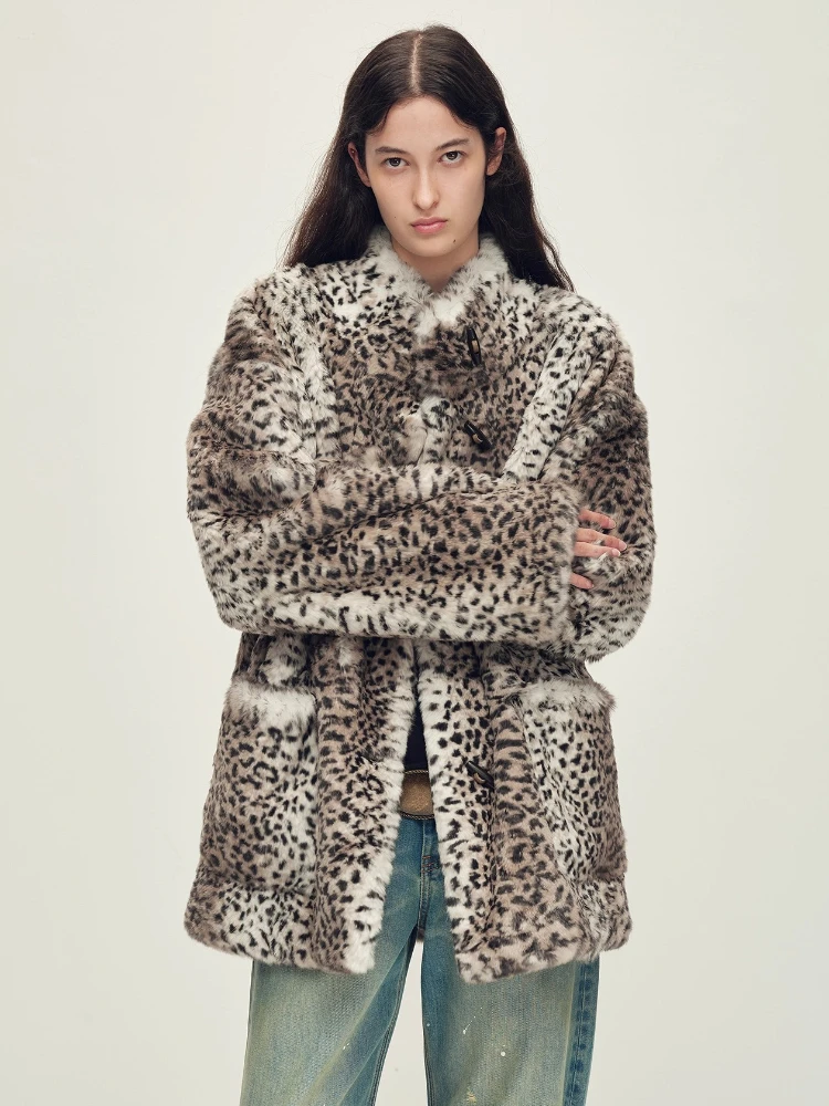 

High-end Luxury Rabbit Fur Jacket for Women Simple Double-layer Stand Collar Leopard Print Winter Genuine Leather Real Fur Coat