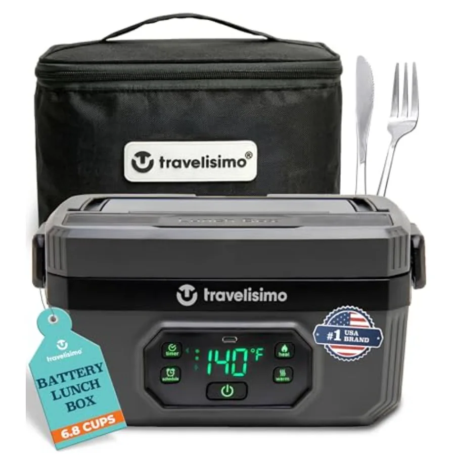 

Heated Lunch Box for travel and work, stainless steel, black, cordless rechargeable with 6.8-cup ccity and fast heating