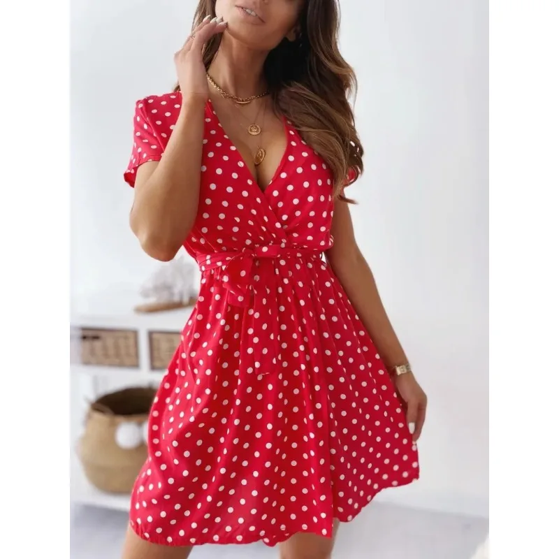 Summer Women's Polka Dot Printed Short Sleeved Casual Dress Fashionable V-neck Belt Commuting Dress Holiday Party Women's Dress